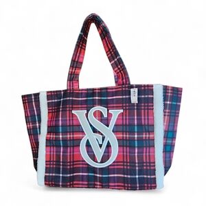 Victoria Secret Red Green Pink Plaid Flannel Tote Bag With White Fur Logo & Trim